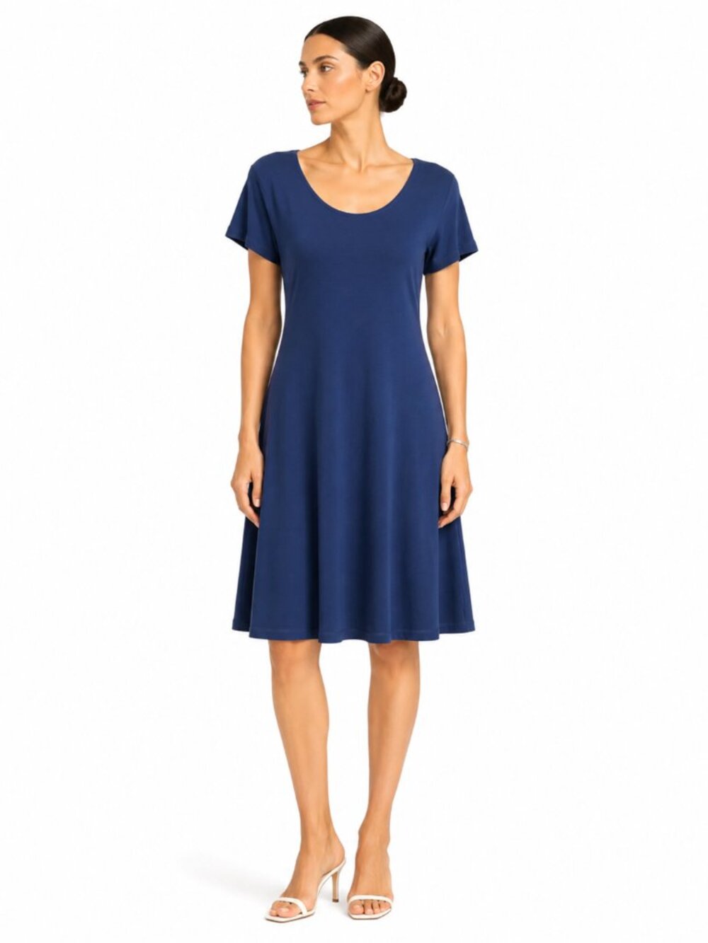 MANSTED NAVY SHORT SLEEVE SCOOP NECK A-LINE CASUAL DRESS - M